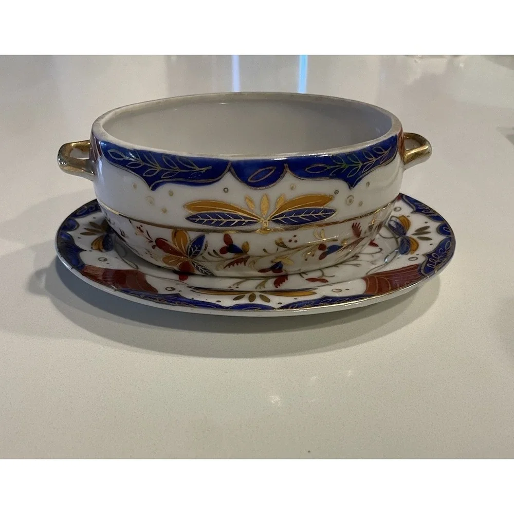 Vintage Japanese Imari Hand Painted porcelain bowl saucer set Mid-20th century